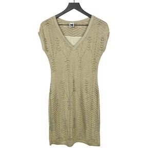 Gold Knit Mini Dress V Neck Metallic Short Sleeve Lined Womens 40 Small
